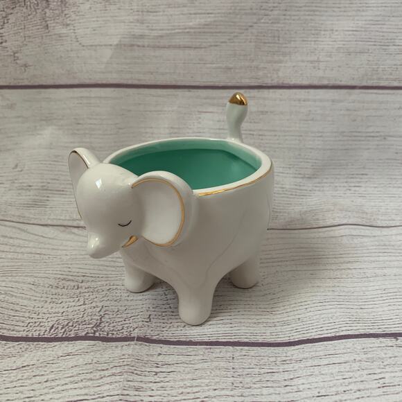 Elephant Trinket Dish Jewelry Holder Succulent Planter Gold Trim Teal Interior - Picture 1 of 12